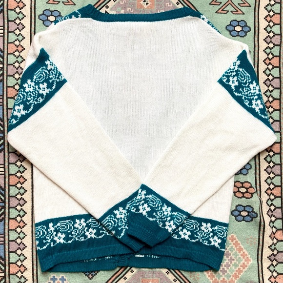 Vintage Jason Maxwell 80s/90s Oversized Cream & Turquoise Cardigan Sweater - Picture 4 of 4